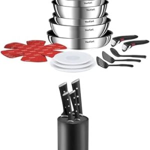 Tefal Lot Ingenio Batterie de cuisine 20 pièces, induction, empilable + bloc de couteaux K2324S55, acier inoxydable