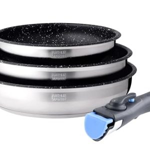 Arthur Martin AM9728 Set de 3 poêles anti-adhérent Acier inoxydable pour tous les feux including induction Classe pour l