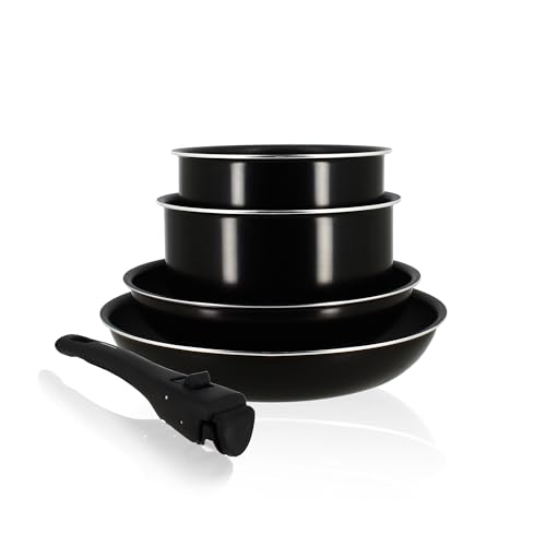 31uvobqyuql.jpg MENASTYL SET DE 5 PIÈCES IRIS aluminium NOIR induction 2 casseroles 16/18CM + 2 poêles 22/26CM + poignée amovible - 6020