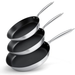 COOKNANO - Poêles Anti-Adhésives 20, 24 et 28 cm - Revêtement en Acier Inoxydable 4 Épaisseurs - Convient à Toutes les P