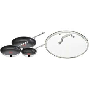 Tefal Jamie Olivers Cook's Induction 20/24/28 cm Poêles Inoxydables Couvercle Vitré Lot de 3 Éléments Cruciaux