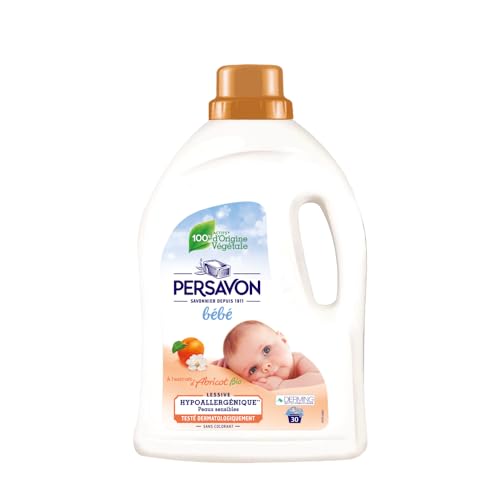 31ugmpha9ml.jpg Lessive bébé Persavon, hypoallergénique et sans colorant, pour peaux sensibles, extrait d'abricot BIO, 33 lavages - 1500