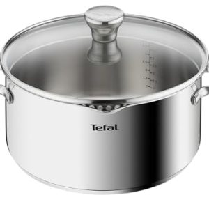 Tefal Faitout 24 cm Induction Acier Inoxydable 18/10 10 Ans Garantie Couvercle Filtrant Verre Base 3 Couches Duetto A705