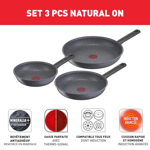 414c5tmebjl.jpg Poêles Tefal Natural On Lot 3, Induction, Antiadhésif, Cuisine Professionnelle, Fabriquées en France, 20/24/26 cm, Eco-R