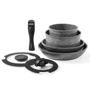 ESEVOLO Batterie de cuisine Gris induction Antiadhésif Ceramique PFAS Revêtement Empilable Poignées Amovibles Lot Casser