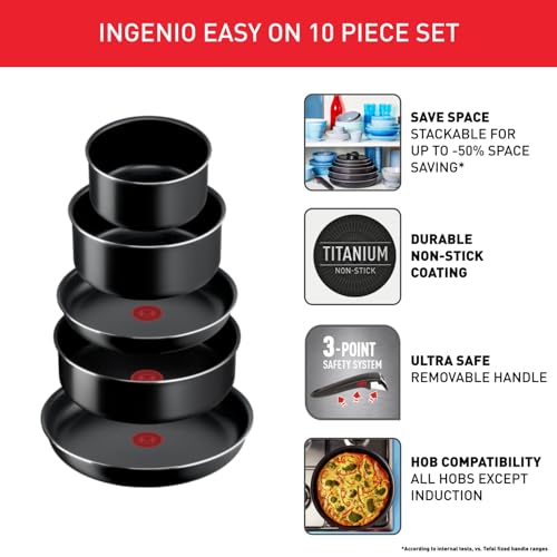 41h 0iocenl.jpg Tefal Ingenio Easy ON Set de Casseroles et Poêles, 10 Pièces Empilables, Poignée Amovible, Gain de Place, Antiadhésif, N
