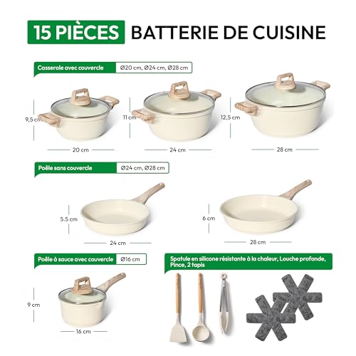 41irnmxtvul.jpg PERFECTO Batterie de cuisine induction - set de poêles tout feux anti-adhésives - lot 15 pièces couleur beige - couvercl