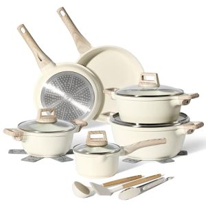 PERFECTO Batterie de cuisine induction - set de poêles tout feux anti-adhésives - lot 15 pièces couleur beige - couvercl