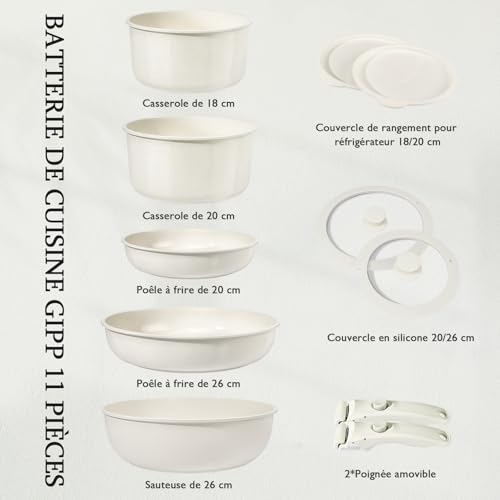 41aniwoup4l.jpg GiPP - Ensemble de Casseroles et Poêles en Céramique Antiadhésif - Professionnels avec Poignées Détachables, Sans Produi