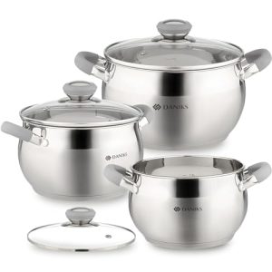 Daniks Modern Batterie de Cuisine INOX avec Couvercles en Verre - 6 Pièces, Tous Feux Dont Induction - Poignées en Silic