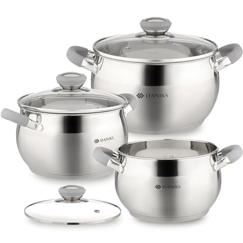 41bqi8zbwol.jpg Daniks Modern Batterie de Cuisine INOX avec Couvercles en Verre - 6 Pièces, Tous Feux Dont Induction - Poignées en Silic