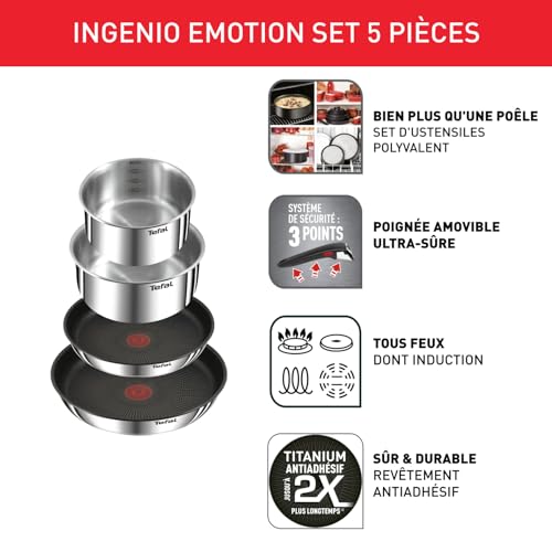 41g84 syksl.jpg Tefal Ingenio Lot 2 Poêles + 2 Casseroles + Poignée Amovible Induction, Acier Inoxydable Emotion L897S504