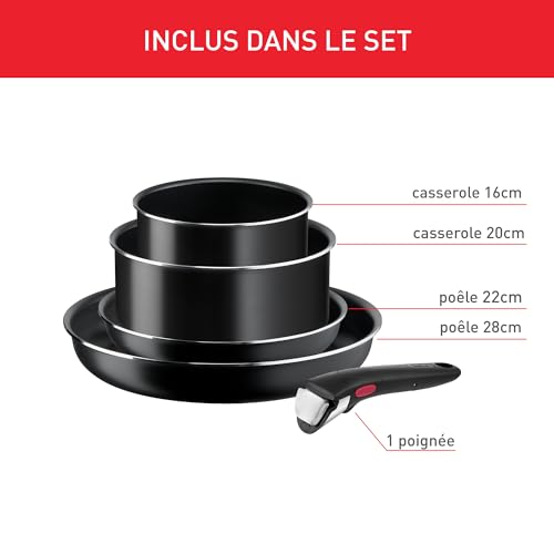 41kmkyrbqml.jpg Tefal Ingenio Lot de 5 Pièces Poêles 22/28 cm Casseroles 16/20 cm Revêtement Antiadhésif Pas d'Induction Fabriqué en Fra