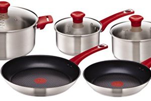 Tefal H801S5 Jamie Oliver - Set de poêles et casseroles_MAINSTREAM, Acier Inoxydable, 5 pièces, Anti-adhésif, Rouge]=]