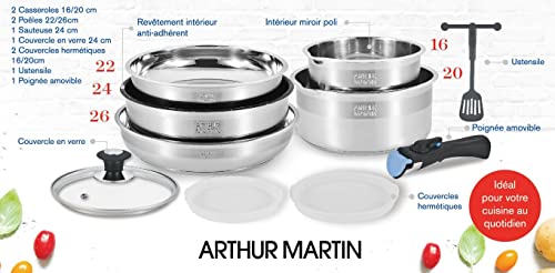 41mry89q5dl.jpg Arthur Martin AM0025 Batterie de cuisine amovible acier inoxydable pour cuisiniers professionnels et amateurs cuisson su