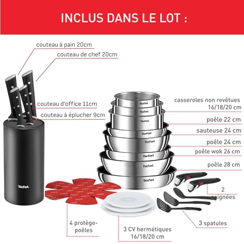 41ssrdykmgl.jpg Tefal Lot Ingenio Batterie de cuisine 20 pièces, induction, empilable + bloc de couteaux K2324S55, acier inoxydable