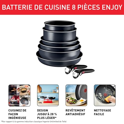 41t2zf5e2fl.jpg Tefal Ingenio Enjoy - Batterie de cuisine 8 pièces légère avec technologie Light Tech et revêtement antiadhésif Ti, Poig