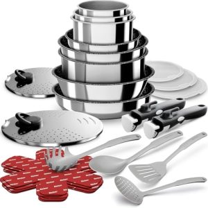 BACKEN 199924 Batterie Cuisine Acier Inoxydable inductionCompatible Lave-Vaisselle 24Pièces Poêles Woks Couvertures Poig