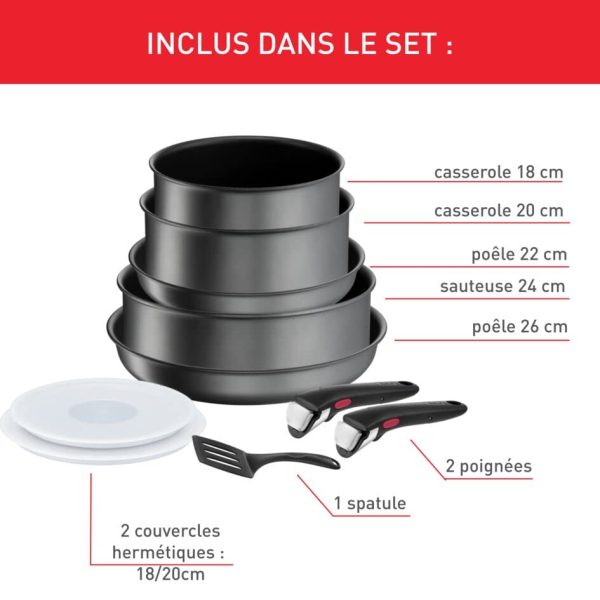 Tefal Ingenio Batterie de cuisine 10 pièces - Poêles et casseroles induction, revêtement antiadhésif résistant et empila
