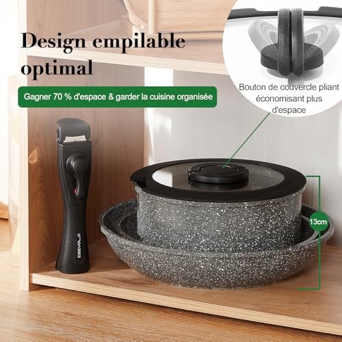 519scb9kh3l.jpg ESEVOLO Batterie de cuisine Gris induction Antiadhésif Ceramique PFAS Revêtement Empilable Poignées Amovibles Lot Casser