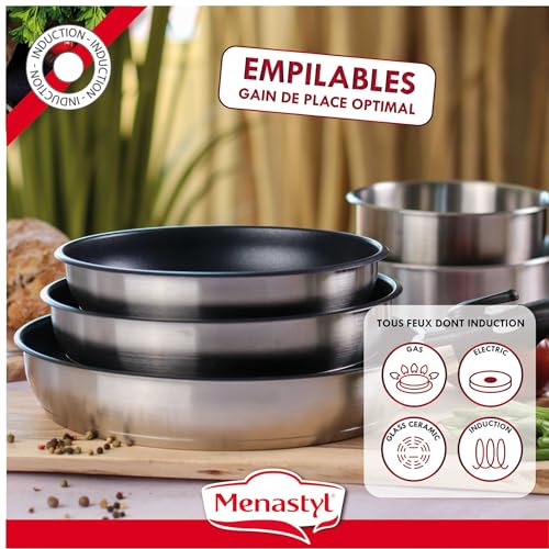 51b3l6ycgll.jpg MENASTYL Batterie de cuisine inox amovible 6 pièces IRIS 3 poêles 2 casseroles poignée sécuritaire tous feux Acier inoxy
