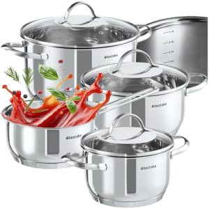tectake® Batterie de cuisine Inox idéal pour induction et gaz Casseroles & couvercle 7 pcs Cuisine accessoires Faitout i