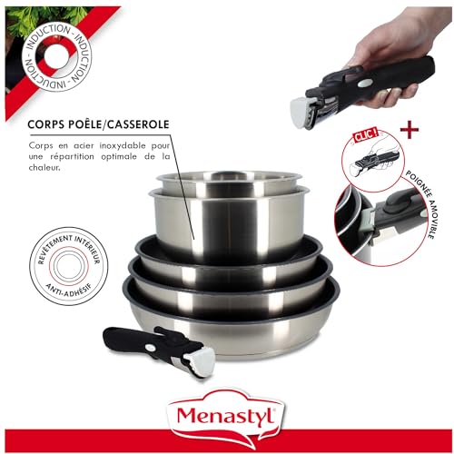 51j5qvgxnfl.jpg MENASTYL Batterie de cuisine inox amovible 6 pièces IRIS 3 poêles 2 casseroles poignée sécuritaire tous feux Acier inoxy