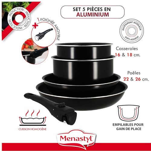 51kccdl01ol.jpg MENASTYL SET DE 5 PIÈCES IRIS aluminium NOIR induction 2 casseroles 16/18CM + 2 poêles 22/26CM + poignée amovible - 6020