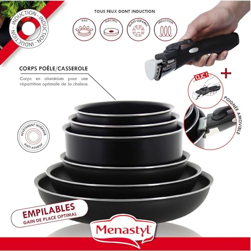 51mtx lcoyl.jpg MENASTYL - Set de 8 Pièces Cuisine Professionnelle - 3 Poêles & 3 Casseroles Grandes Capacités + Poignées Sécurisées - H