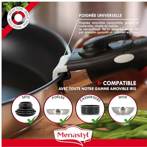 51ndaenqitl.jpg MENASTYL Batterie de cuisine inox amovible 6 pièces IRIS 3 poêles 2 casseroles poignée sécuritaire tous feux Acier inoxy