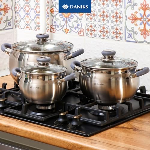 51rae5ae6il.jpg Daniks Modern Batterie de Cuisine INOX avec Couvercles en Verre - 6 Pièces, Tous Feux Dont Induction - Poignées en Silic