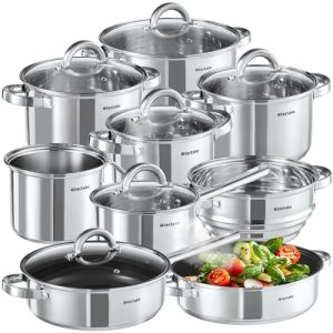 tectake® Set de casseroles et poêles inox anti-adhésif pour induction cuisinère gaz et vitrocéramique idéal pour cuisini
