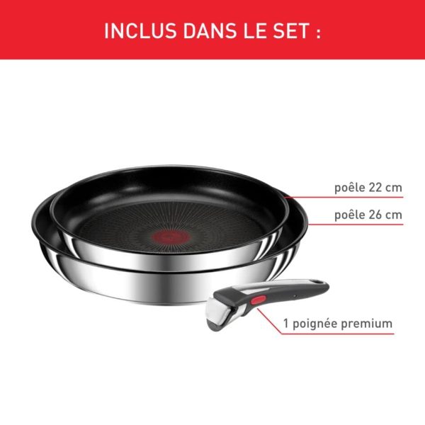 Poêles Tefal Ingenio Lot de 2, Induction, Acier inoxydable, Revêtement antiadhésif, Fabriqué en France, Empilable On L97