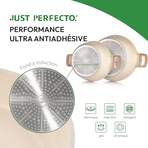 51ypzeu0ydl.jpg PERFECTO Batterie de cuisine induction - set de poêles tout feux anti-adhésives - lot 15 pièces couleur beige - couvercl