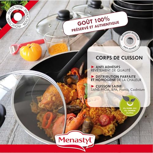 51zh64re el.jpg MENASTYL SET DE 5 PIÈCES IRIS aluminium NOIR induction 2 casseroles 16/18CM + 2 poêles 22/26CM + poignée amovible - 6020