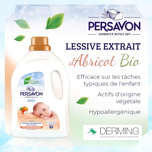 51d0ocj4fal.jpg Lessive bébé Persavon, hypoallergénique et sans colorant, pour peaux sensibles, extrait d'abricot BIO, 33 lavages - 1500