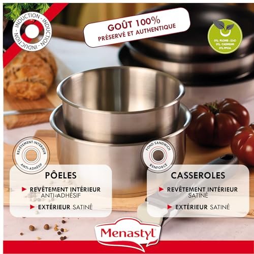 51dmhvihoel.jpg MENASTYL Batterie de cuisine inox amovible 6 pièces IRIS 3 poêles 2 casseroles poignée sécuritaire tous feux Acier inoxy