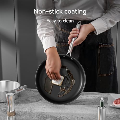 51dceudr8zl.jpg COOKNANO - Poêles Anti-Adhésives 20, 24 et 28 cm - Revêtement en Acier Inoxydable 4 Épaisseurs - Convient à Toutes les P