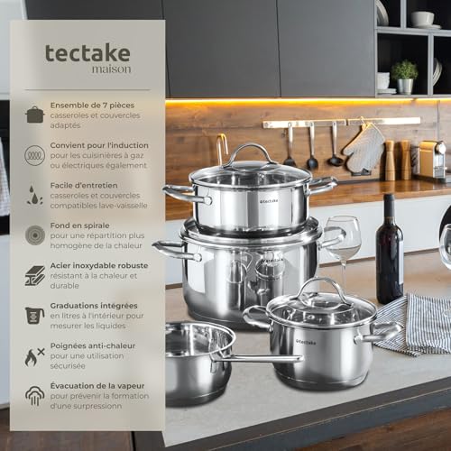 51ed0ipypml.jpg tectake® Batterie de cuisine Inox idéal pour induction et gaz Casseroles & couvercle 7 pcs Cuisine accessoires Faitout i