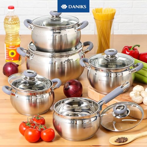 51hw2f uz2l.jpg Daniks Modern Batterie de Cuisine INOX avec Couvercles en Verre - 6 Pièces, Tous Feux Dont Induction - Poignées en Silic