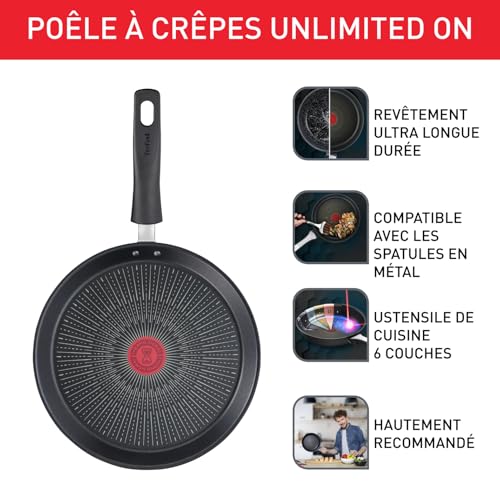 51nbp2tnwql.jpg Tefal Poêle à crêpe 28 cm induction, revêtement antiadhésif résistant aux rayures, thermo-signal, fabriqué en France, Un