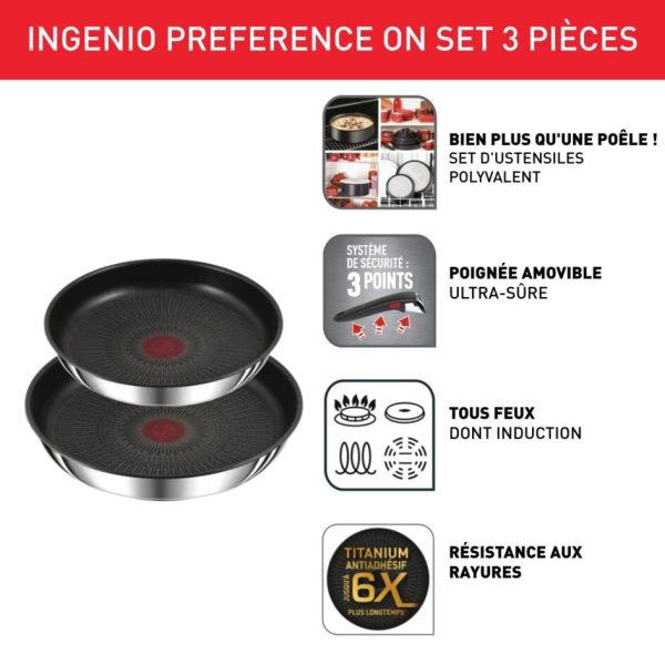 Poêles Tefal Ingenio Lot de 2, Induction, Acier inoxydable, Revêtement antiadhésif, Fabriqué en France, Empilable On L97