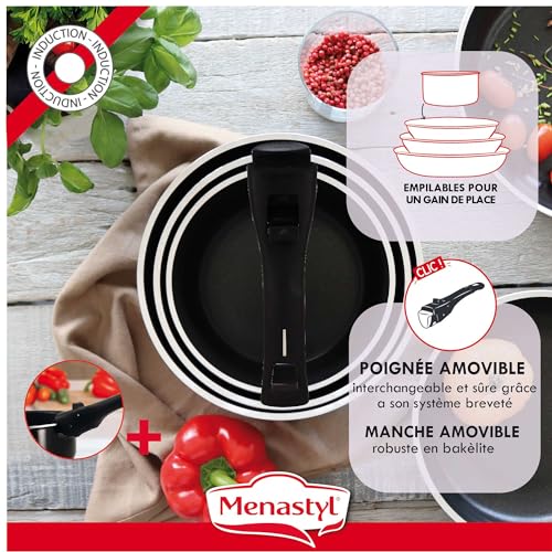 51suwpiictl.jpg MENASTYL SET DE 5 PIÈCES IRIS aluminium NOIR induction 2 casseroles 16/18CM + 2 poêles 22/26CM + poignée amovible - 6020