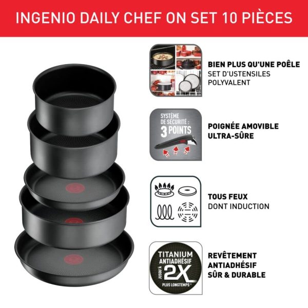 Tefal Ingenio Batterie de cuisine 10 pièces - Poêles et casseroles induction, revêtement antiadhésif résistant et empila