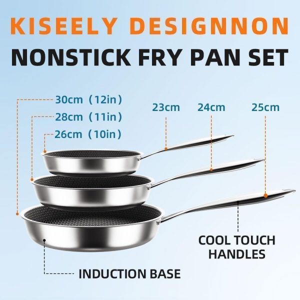 Kiseely - Poêles antiadhésives diamant 26cm+28cm+30cm, Acier inoxydable de première qualité, Compatible induction, Sans