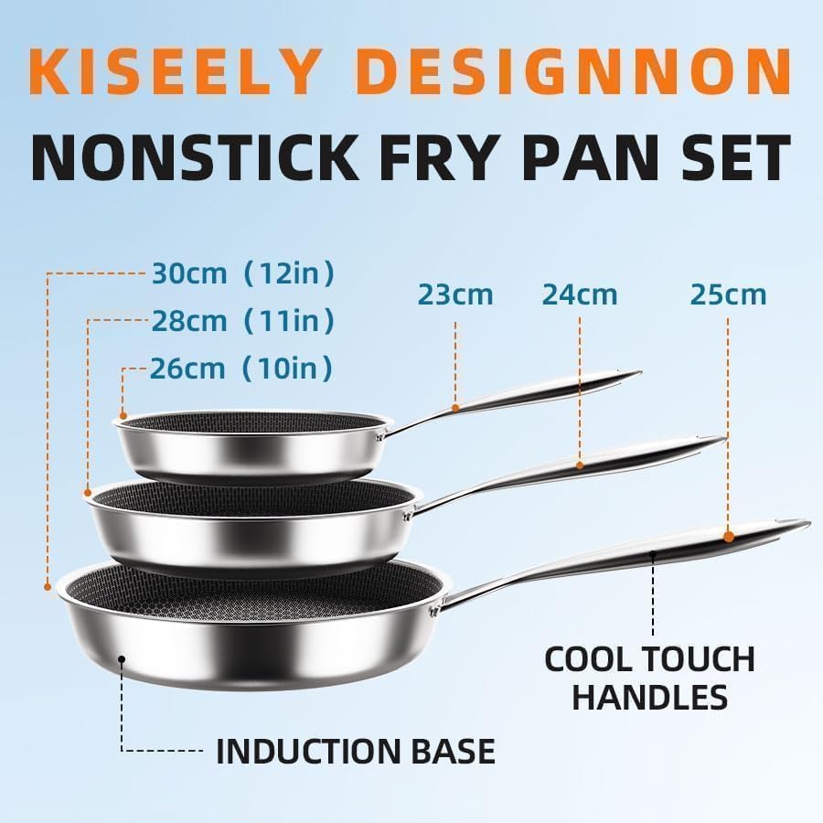 61dzkjp9d l.jpg Kiseely - Poêles antiadhésives diamant 26cm+28cm+30cm, Acier inoxydable de première qualité, Compatible induction, Sans