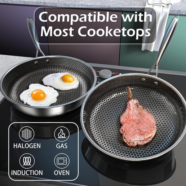 Kiseely - Poêles antiadhésives diamant 26cm+28cm+30cm, Acier inoxydable de première qualité, Compatible induction, Sans