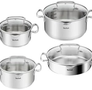 Tefal Duetto+ Batterie de cuisine en acier inoxydable - 8 pièces with couvercles en verre, résistantes à la corrosion, p
