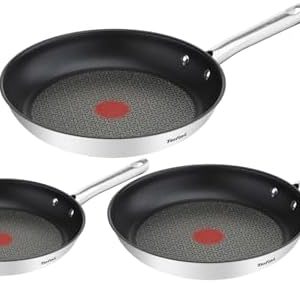 Tefal Duetto Lot de 3 poêles A704S363, induction, acier inoxydable, revêtement antiadhésif, convivialité, cuisson saine