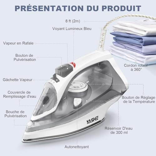 412rrs1yyal. ac .jpg Fer à repasser 2300 W avec semelle anti-adhésive pour hommes et femmes, chauffage rapide et fonction pressing inclus, au